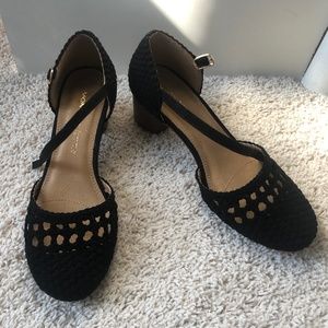 Monoprix femme black woven sandals with block heel